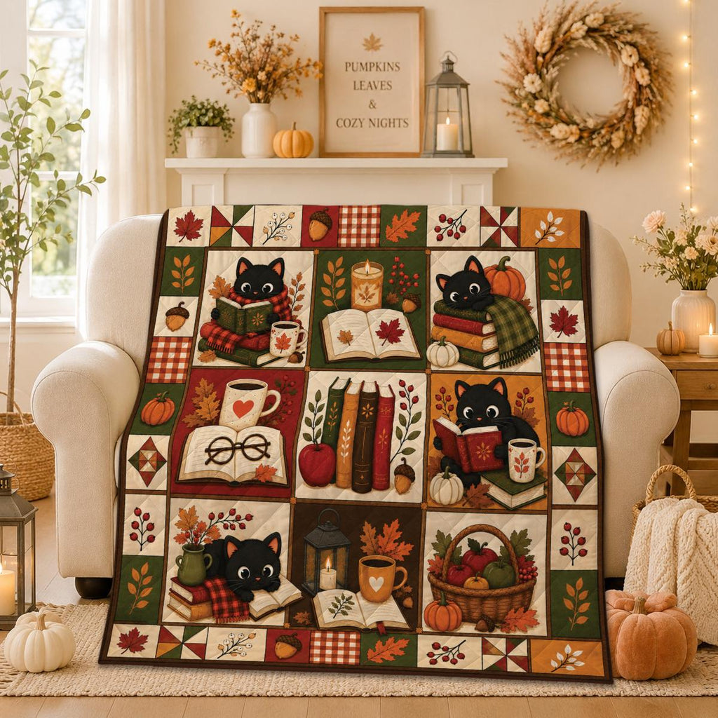Black Cat Autumn Patchwork Quilt, Cozy Fall Reading Blanket, Pumpkin Cottagecore Throw
