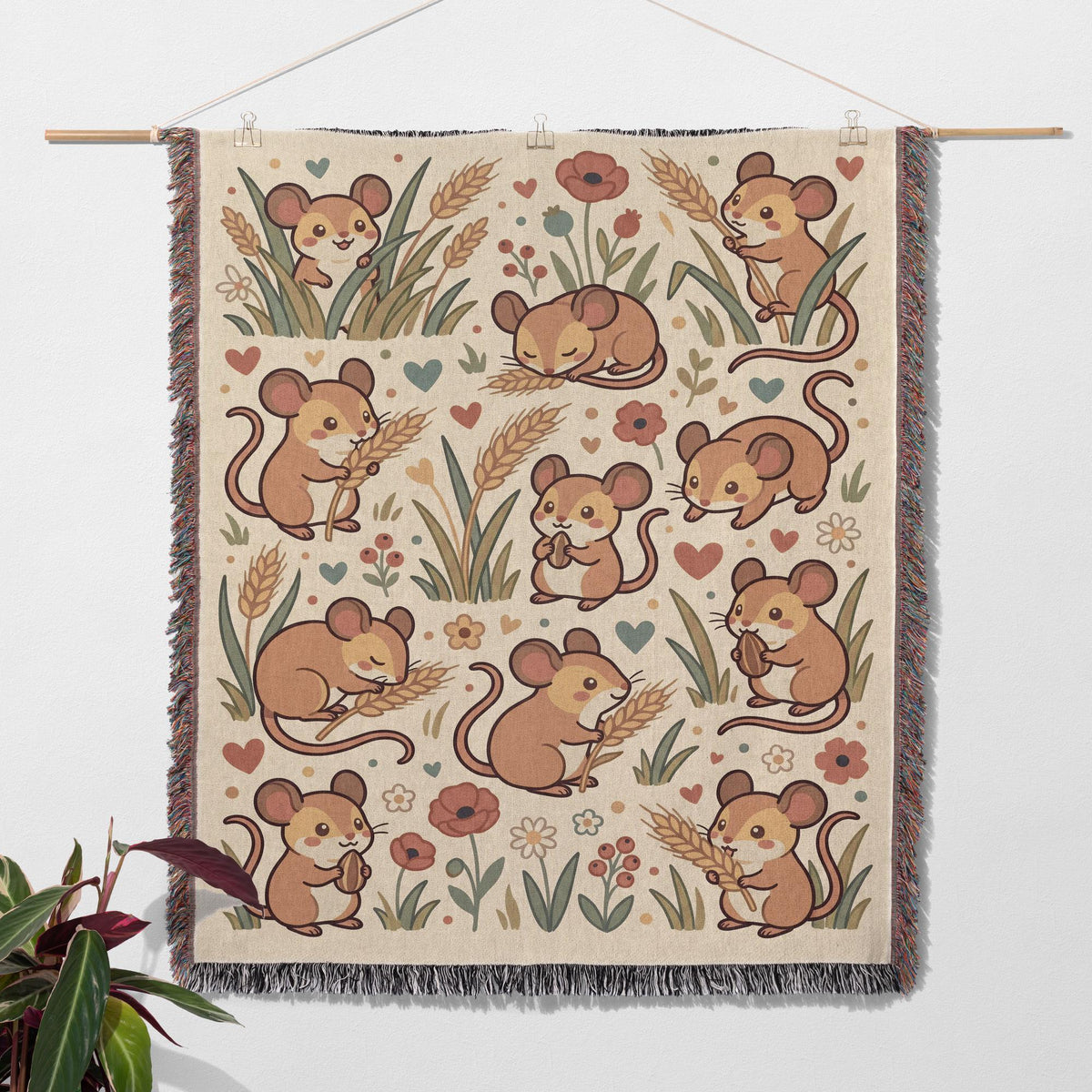 Harvest Mouse Blanket, Kawaii Cute Mouse in Flowers Woven Cotton Throw, Cottagecore Nursery Decor, Mouse Lover Gift for Kids and Room