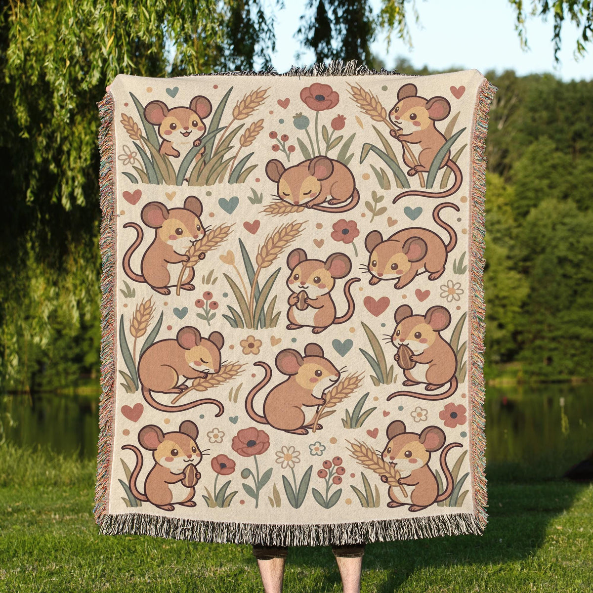 Harvest Mouse Blanket, Kawaii Cute Mouse in Flowers Woven Cotton Throw, Cottagecore Nursery Decor, Mouse Lover Gift for Kids and Room