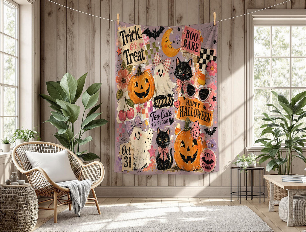 Girly Halloween Ghost Cat Pumpkin Blanket, Retro Spooky Collage Throw, Cute Floral Fall Blanket, Cozy Autumn Decor, Spooky Gift