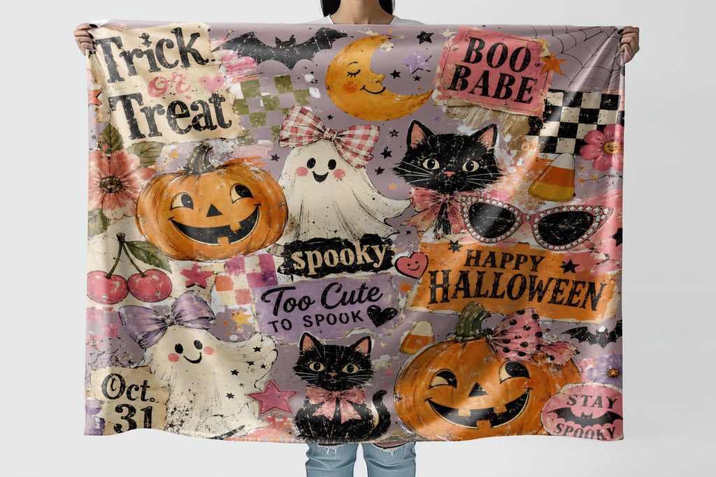 Girly Halloween Ghost Cat Pumpkin Blanket, Retro Spooky Collage Throw, Cute Floral Fall Blanket, Cozy Autumn Decor, Spooky Gift