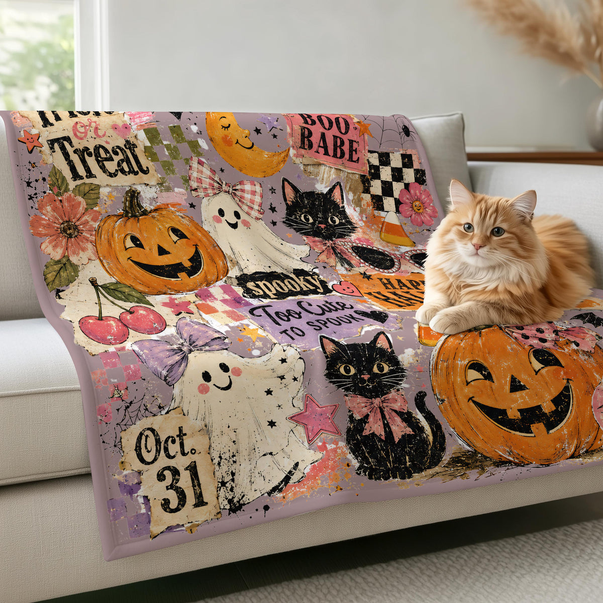 Girly Halloween Ghost Cat Pumpkin Blanket, Retro Spooky Collage Throw, Cute Floral Fall Blanket, Cozy Autumn Decor, Spooky Gift