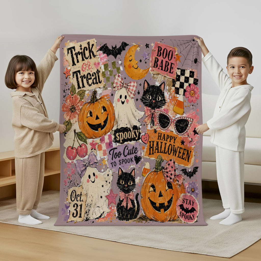 Girly Halloween Ghost Cat Pumpkin Blanket, Retro Spooky Collage Throw, Cute Floral Fall Blanket, Cozy Autumn Decor, Spooky Gift