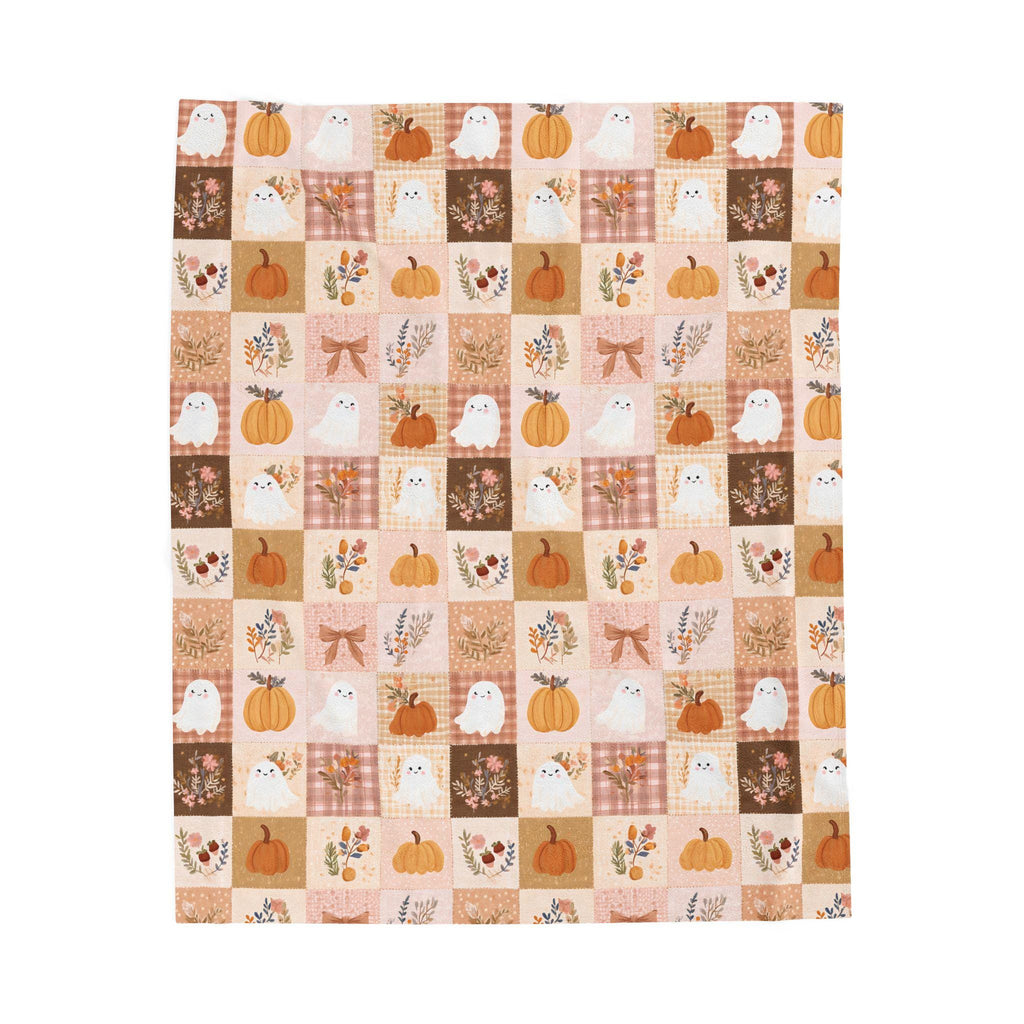 Patchwork Halloween Ghost Blanket Pumpkin Plaid Velveteen Plush Throw Grandmacore Farmhouse Decor