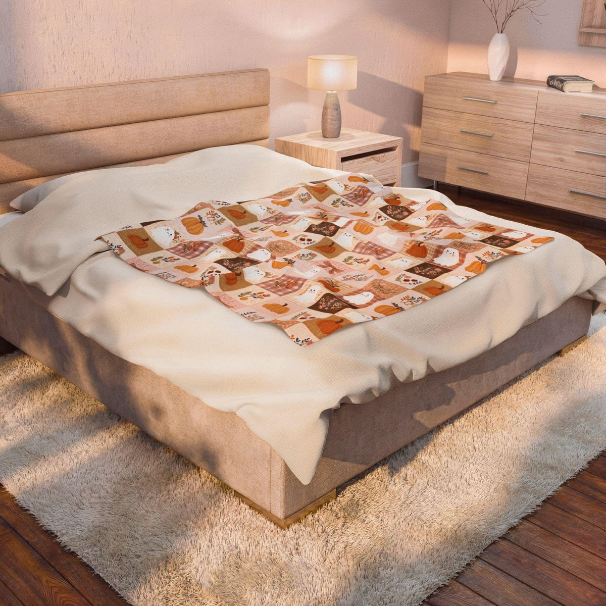 Patchwork Halloween Ghost Blanket Pumpkin Plaid Velveteen Plush Throw Grandmacore Farmhouse Decor
