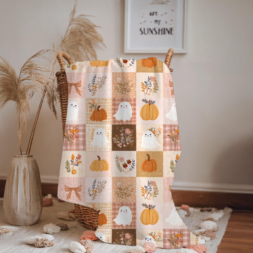 Patchwork Halloween Ghost Blanket Pumpkin Plaid Velveteen Plush Throw Grandmacore Farmhouse Decor
