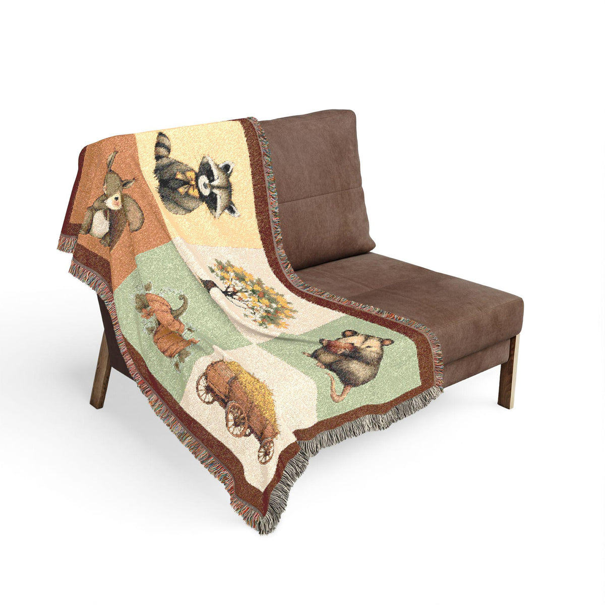 Woodland Animals Patchwork Woven Blanket | Raccoon Squirrel Possum Pumpkins Hay Wagon
