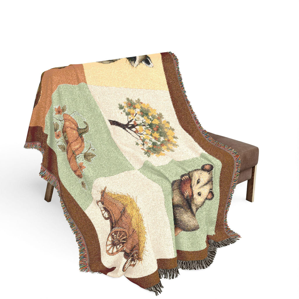 Woodland Animals Patchwork Woven Blanket | Raccoon Squirrel Possum Pumpkins Hay Wagon