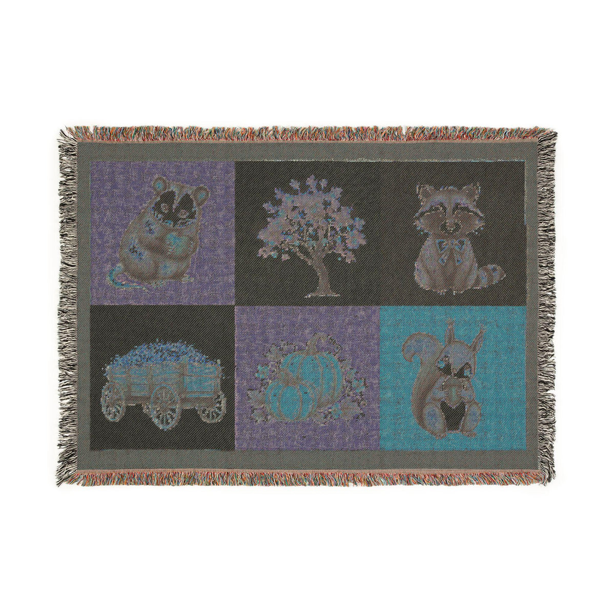 Woodland Animals Patchwork Woven Blanket | Raccoon Squirrel Possum Pumpkins Hay Wagon