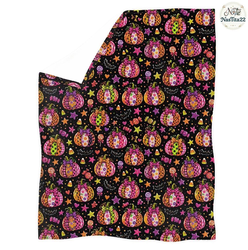 Preppy Colorful Bow Pumpkin Blanket, Coquette Fall Throw Blanket, Leopard Pumpkin Autumn Bedding, Trendy Pumpkin Season Gift,Cute Cozy Decor