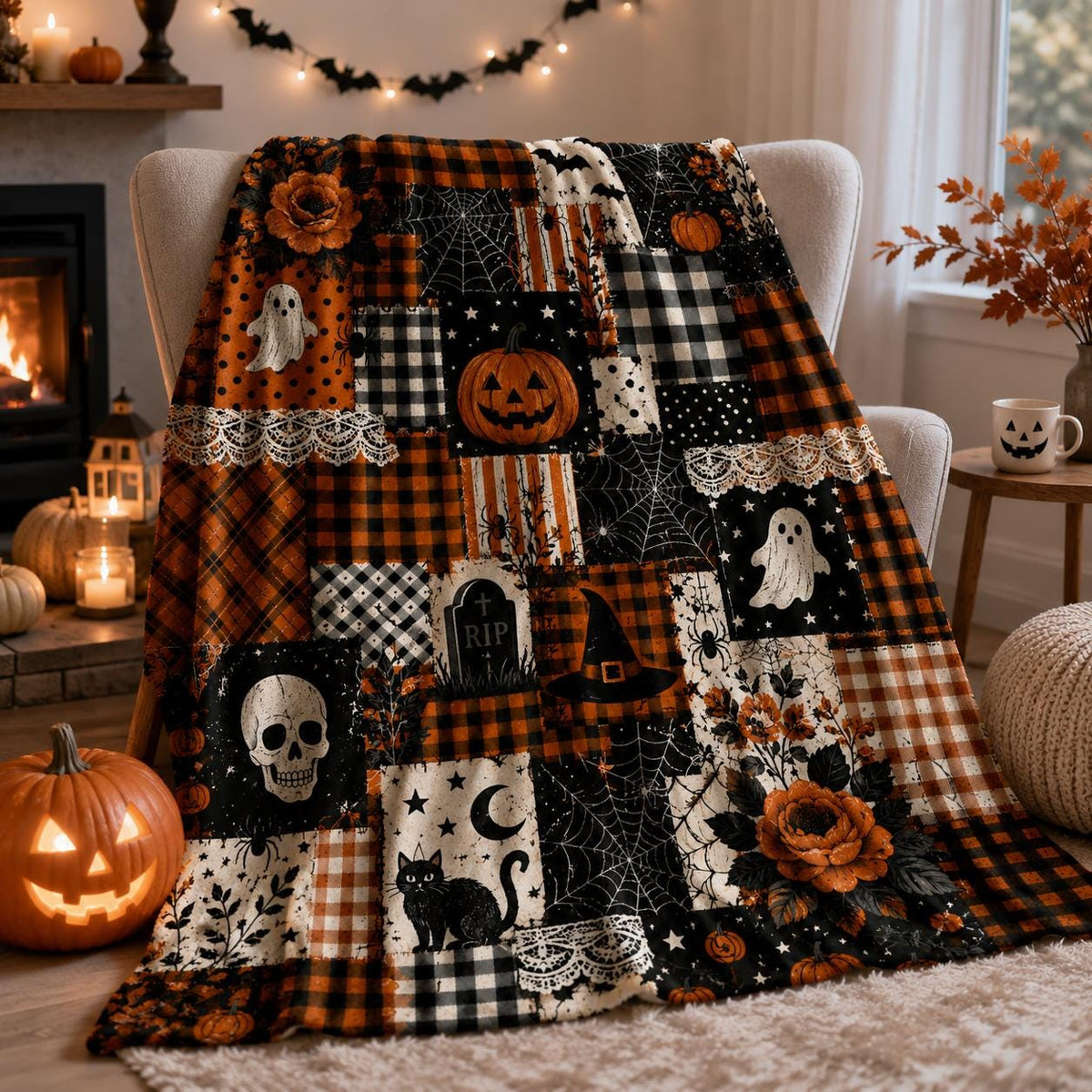 Halloween Patchwork Blanket Custom Pumpkin Ghost Buffalo Plaid Spooky Fall Cozy