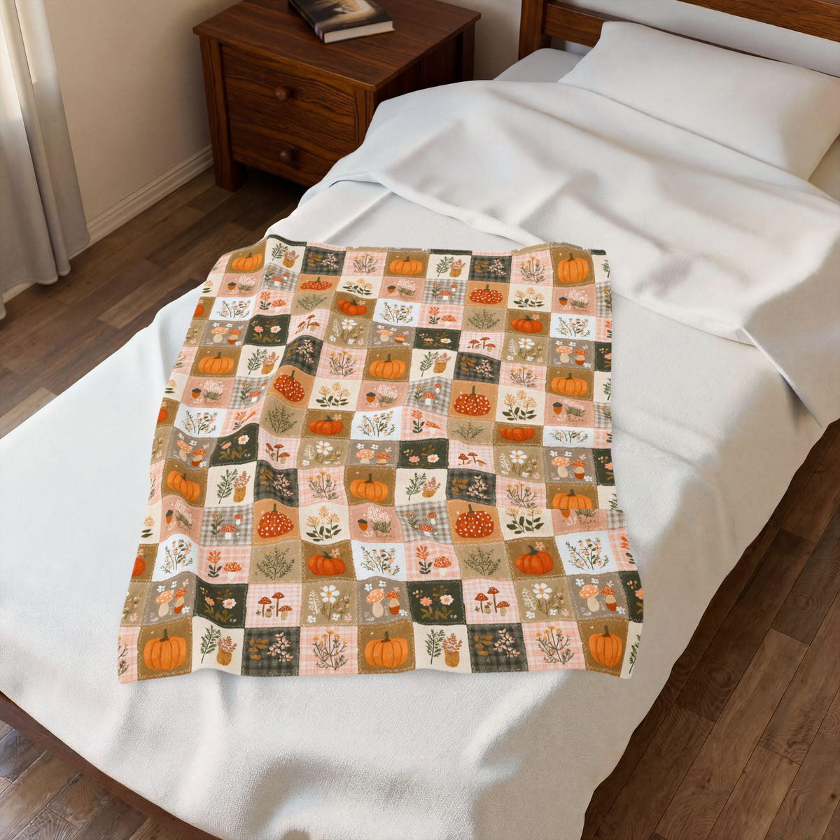 Patchwork Pumpkin Plush Blanket | Cozy Fall Harvest Plaid Throw