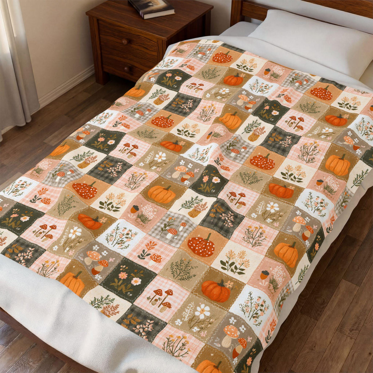Patchwork Pumpkin Plush Blanket | Cozy Fall Harvest Plaid Throw