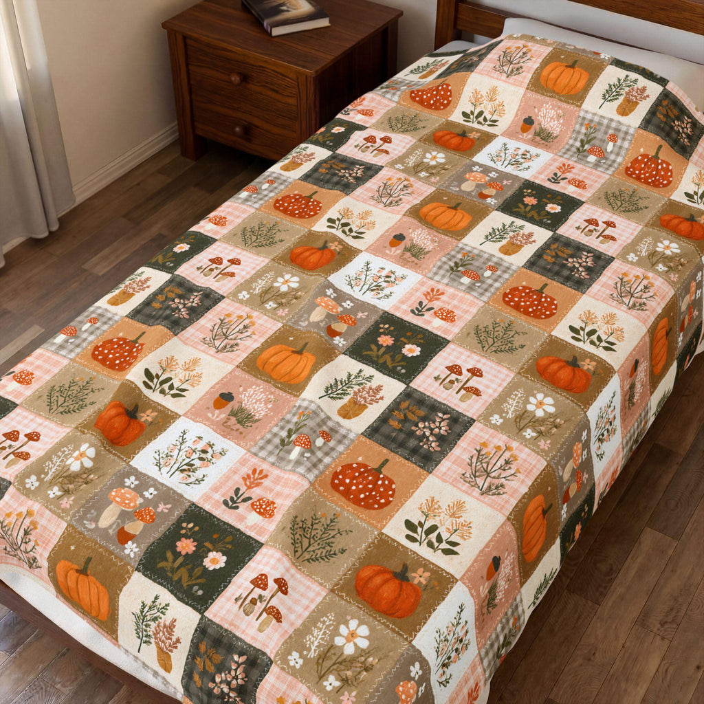 Patchwork Pumpkin Plush Blanket | Cozy Fall Harvest Plaid Throw