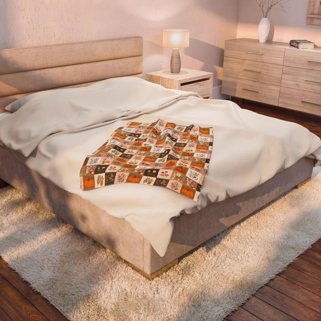 Patchwork Pumpkin Plush Blanket | Cozy Fall Harvest Plaid Throw