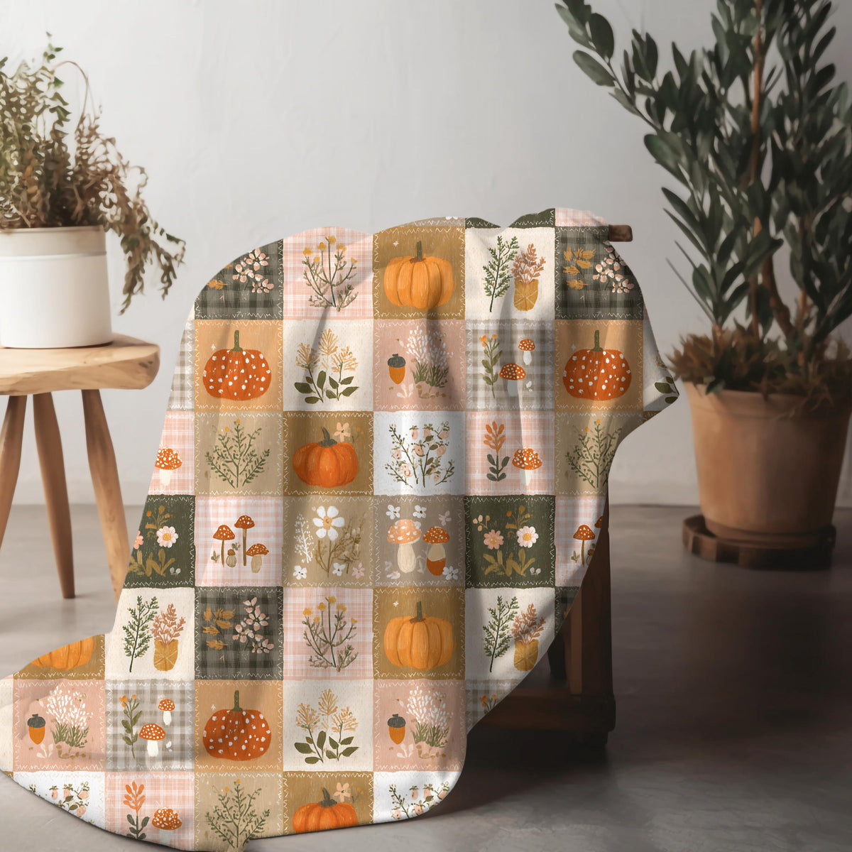 Patchwork Pumpkin Plush Blanket | Cozy Fall Harvest Plaid Throw
