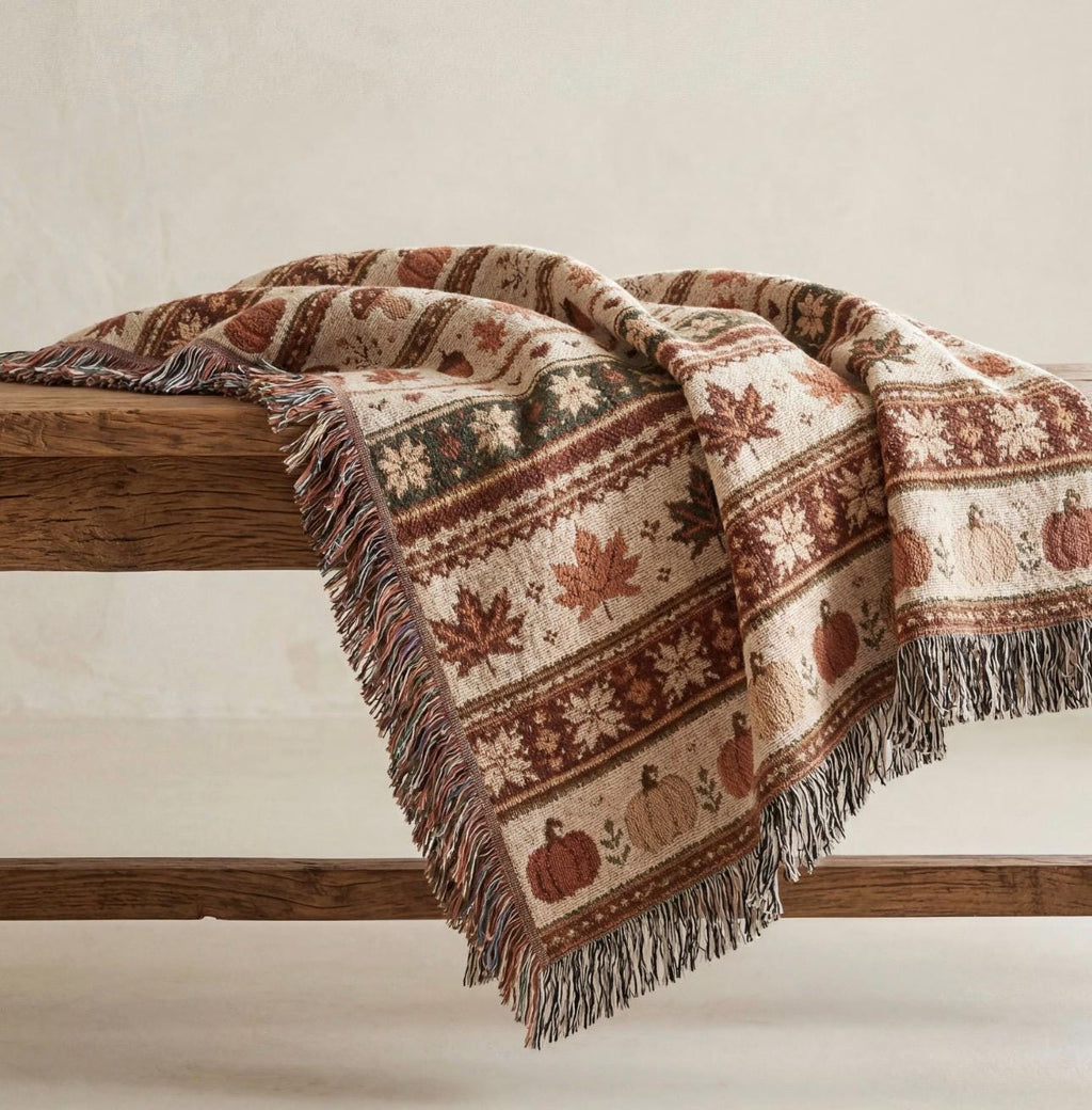 Fall Woven Blanket Thanksgiving Hostess Gift Autumn Home Decor Cottage Living Room Throw Pumpkin Harvest Blanket Housewarming Gift for Her