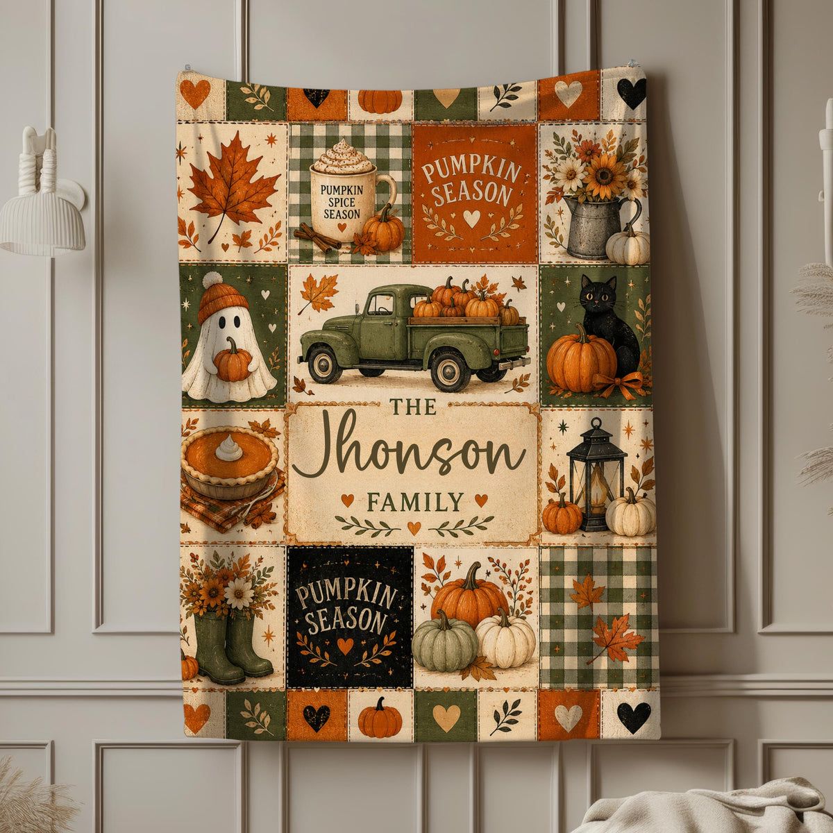 Personalized Fall Family Blanket, Custom Pumpkin Season Throw, Autumn Patchwork Blanket, Cozy Thanksgiving Gift, Rustic Home Decor