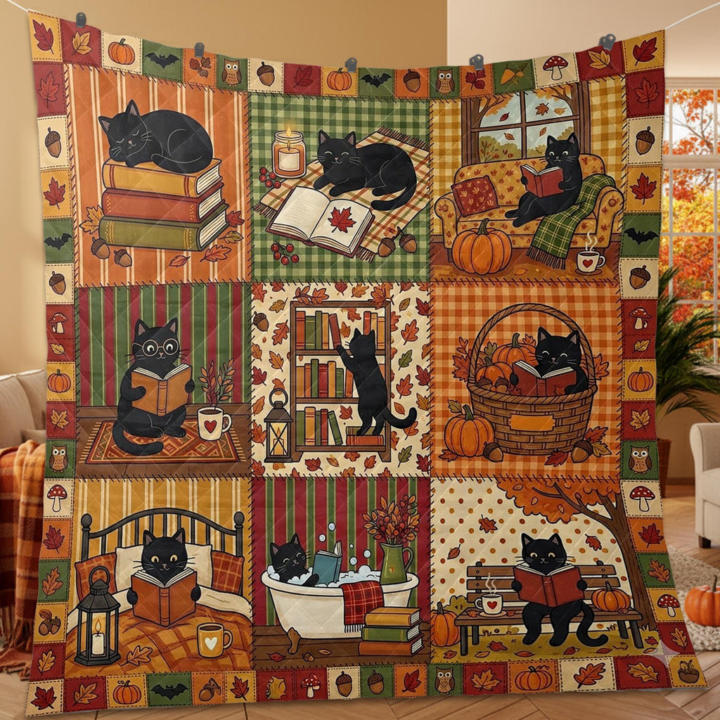 Bookish Black Cat Fall Quilt: Autumn Pumpkin Patchwork Reading Blanket