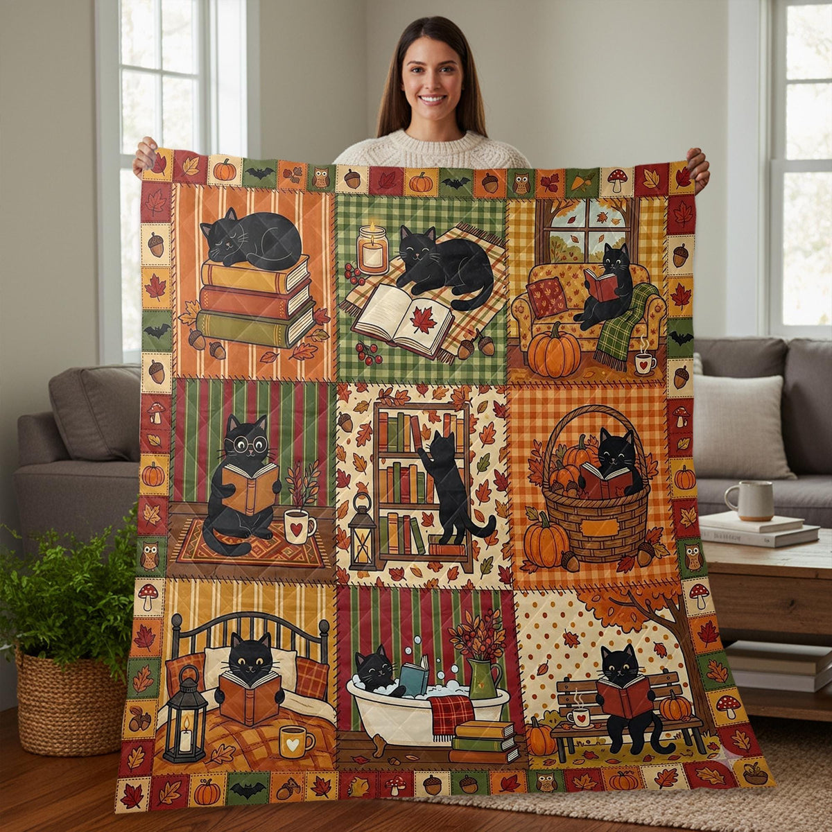 Bookish Black Cat Fall Quilt: Autumn Pumpkin Patchwork Reading Blanket