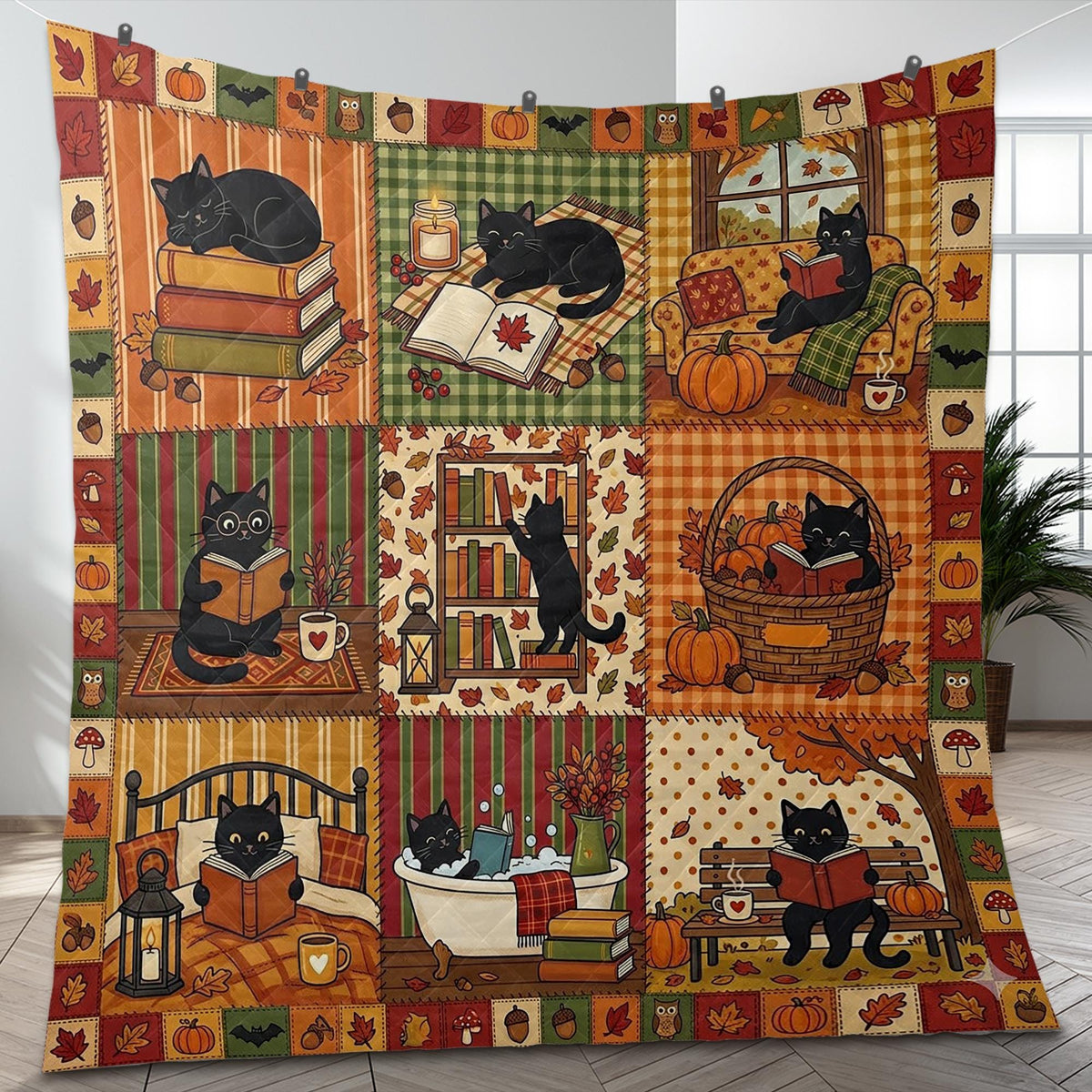 Bookish Black Cat Fall Quilt: Autumn Pumpkin Patchwork Reading Blanket