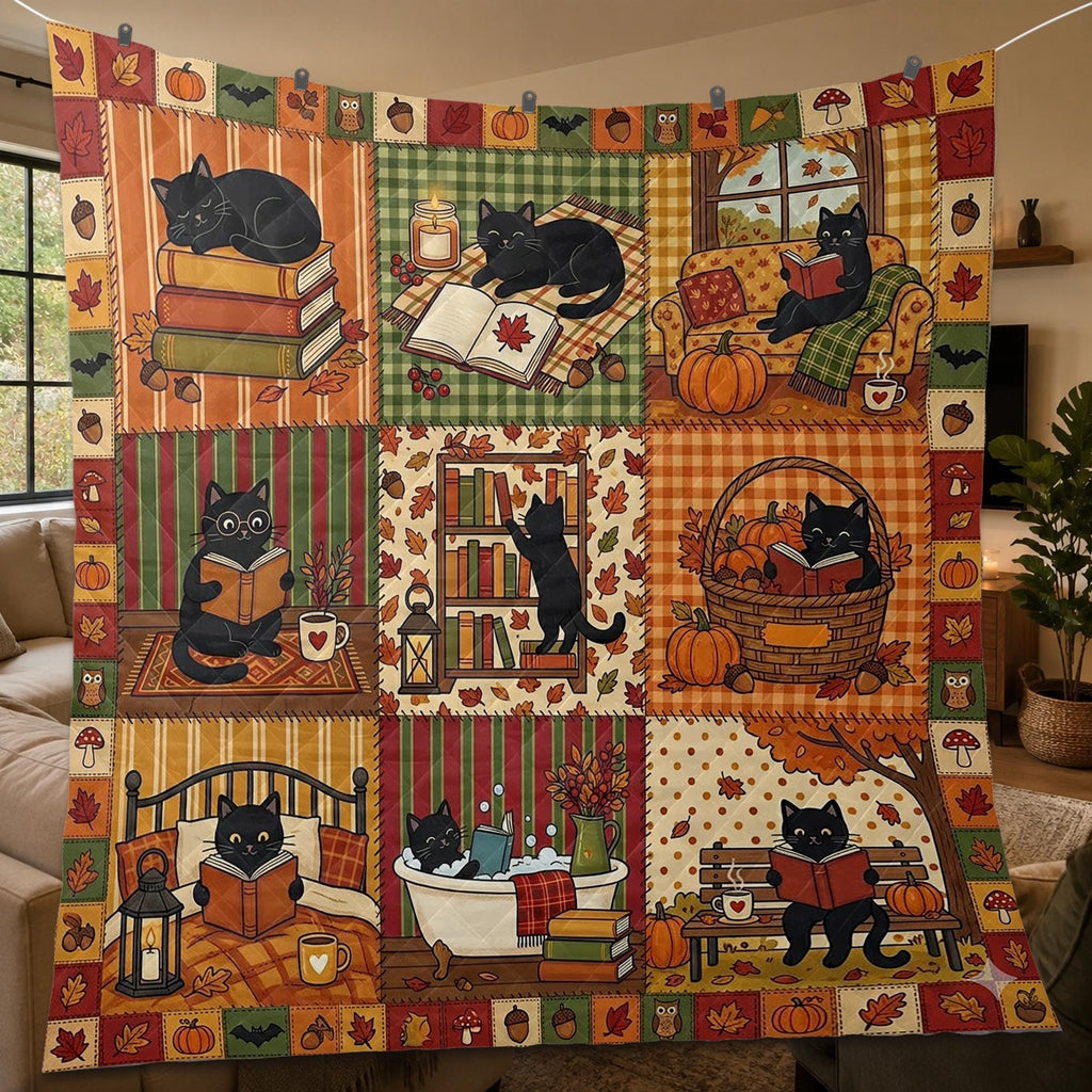 Bookish Black Cat Fall Quilt: Autumn Pumpkin Patchwork Reading Blanket