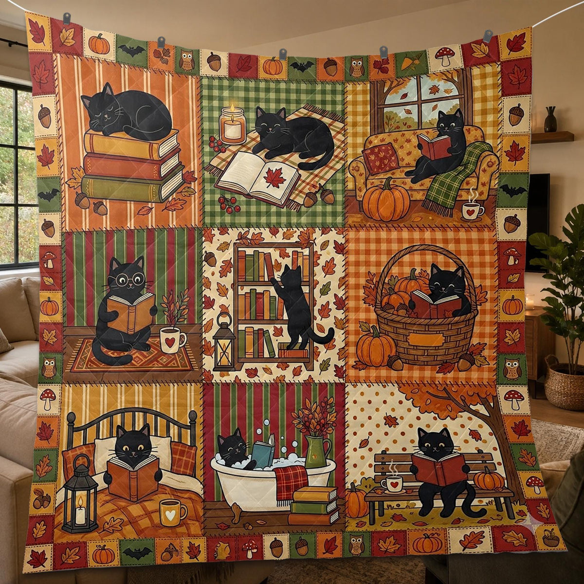 Bookish Black Cat Fall Quilt: Autumn Pumpkin Patchwork Reading Blanket