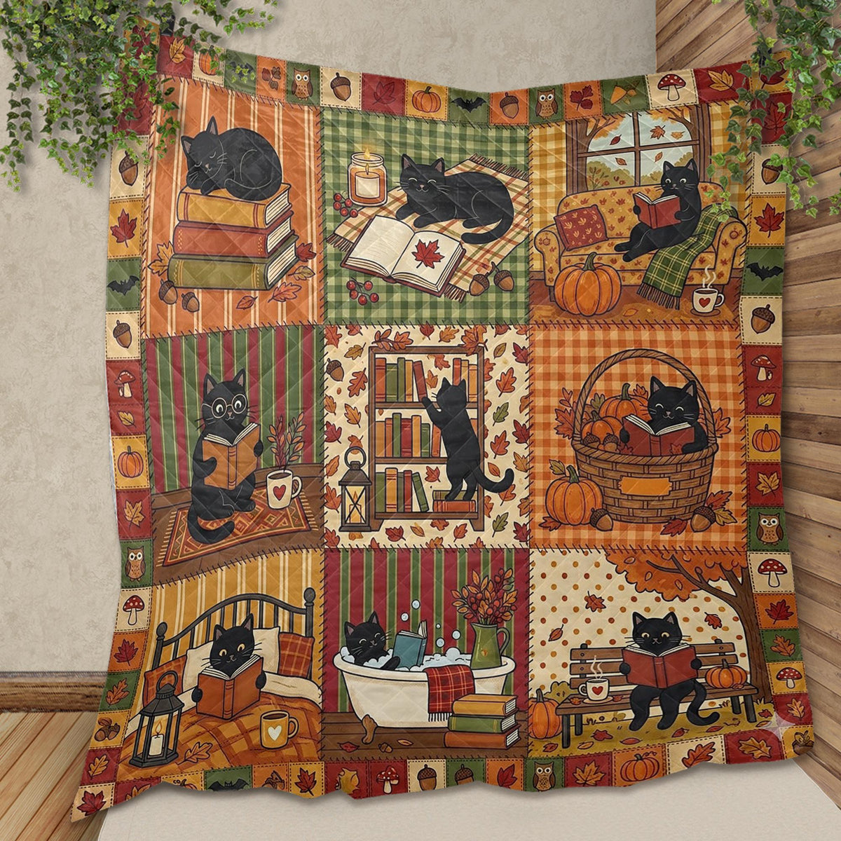 Bookish Black Cat Fall Quilt: Autumn Pumpkin Patchwork Reading Blanket