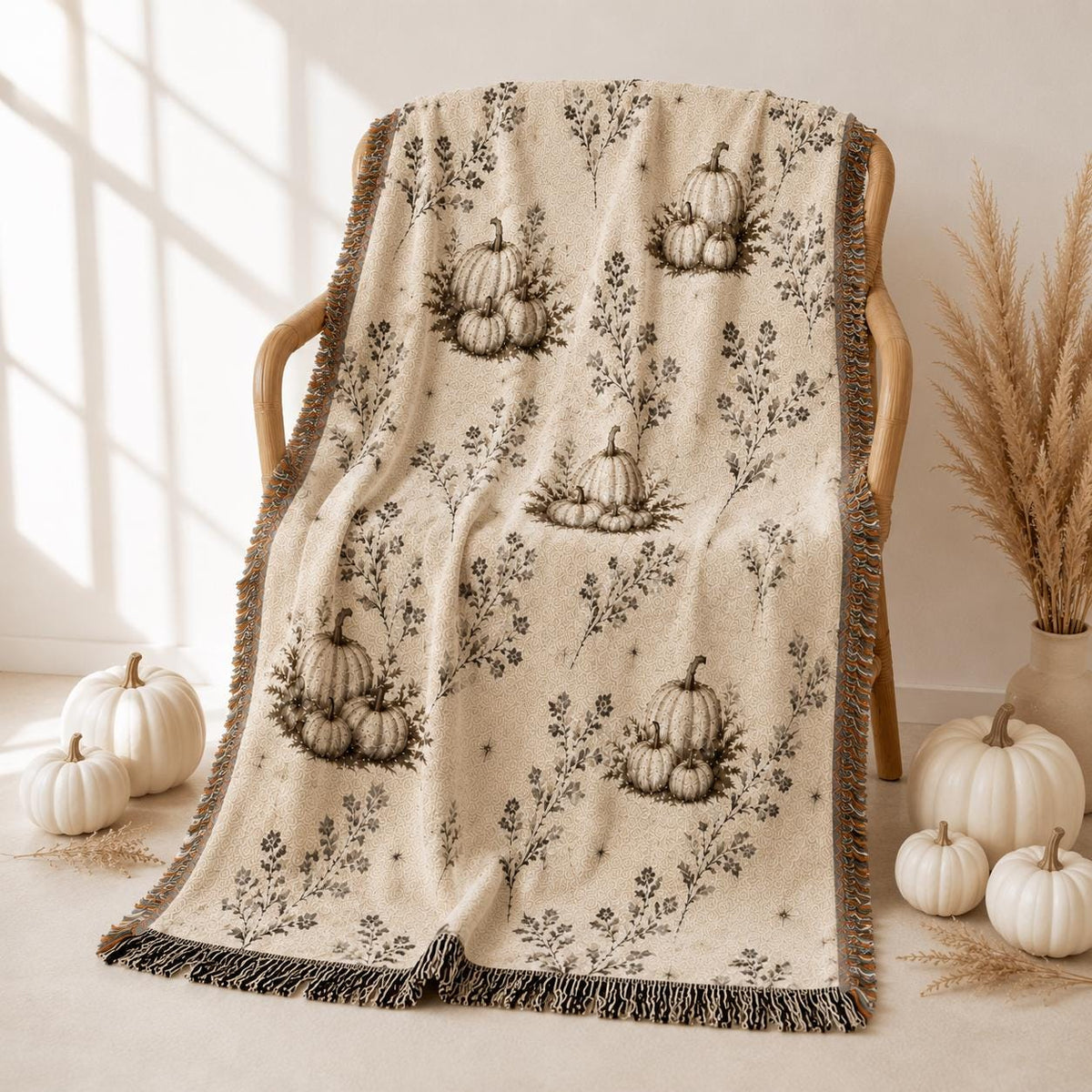 Boho Pumpkin Woven Blanket, Neutral Fall Throw Blanket, Cottagecore Tapestry Wall Hanging, Cream Halloween Home Decor, Soft Cotton Throw