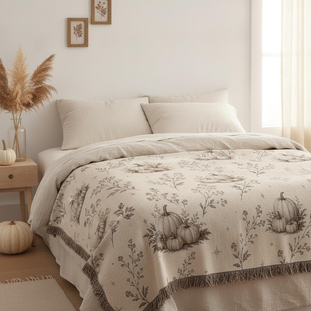 Boho Pumpkin Woven Blanket, Neutral Fall Throw Blanket, Cottagecore Tapestry Wall Hanging, Cream Halloween Home Decor, Soft Cotton Throw