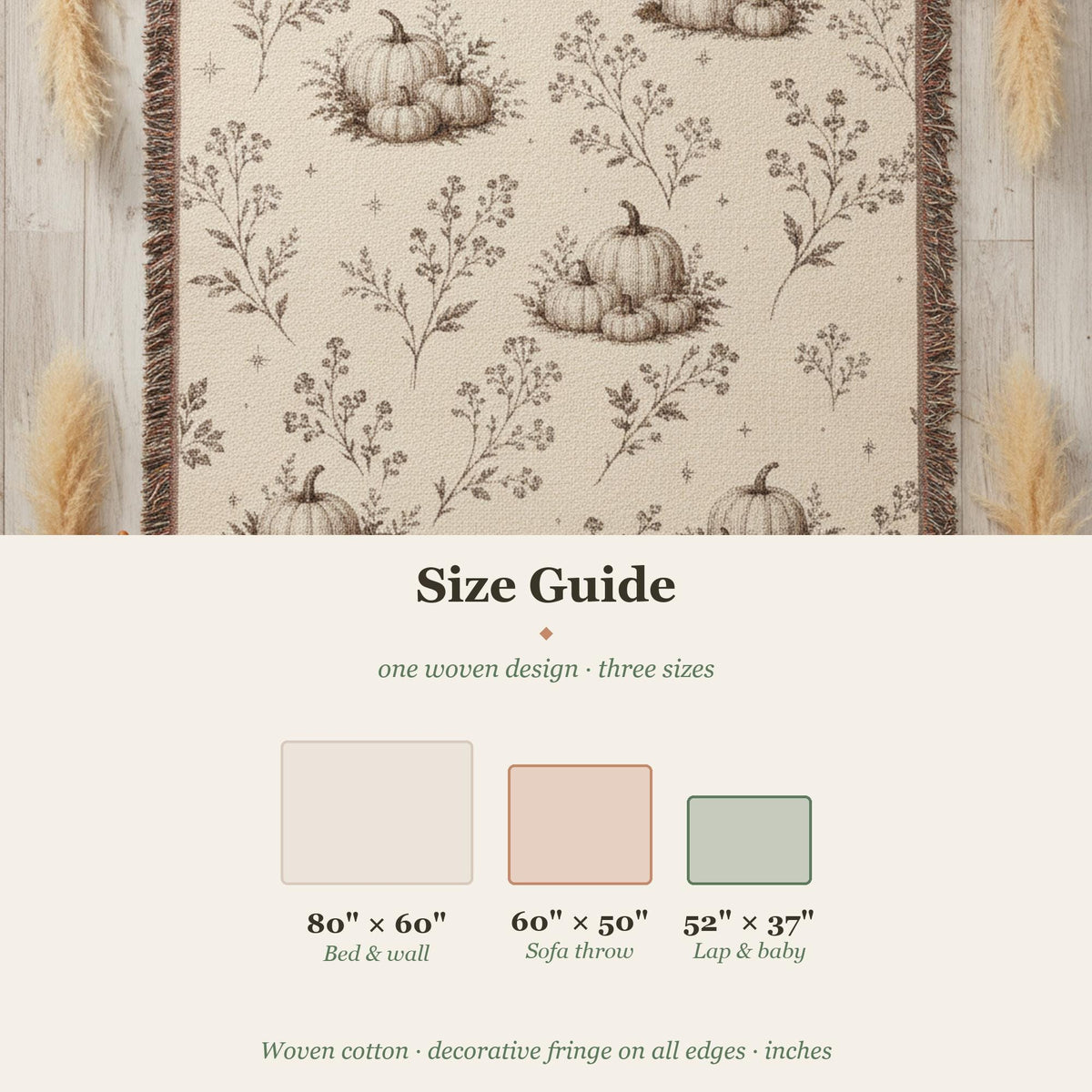 Boho Pumpkin Woven Blanket, Neutral Fall Throw Blanket, Cottagecore Tapestry Wall Hanging, Cream Halloween Home Decor, Soft Cotton Throw