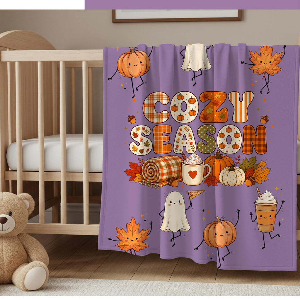 Cozy Season Velveteen Blanket, Sherpa Blanket, Cute Fall Ghost Pumpkin Throw, Autumn Leaves Coffee Blanket, Halloween Gift