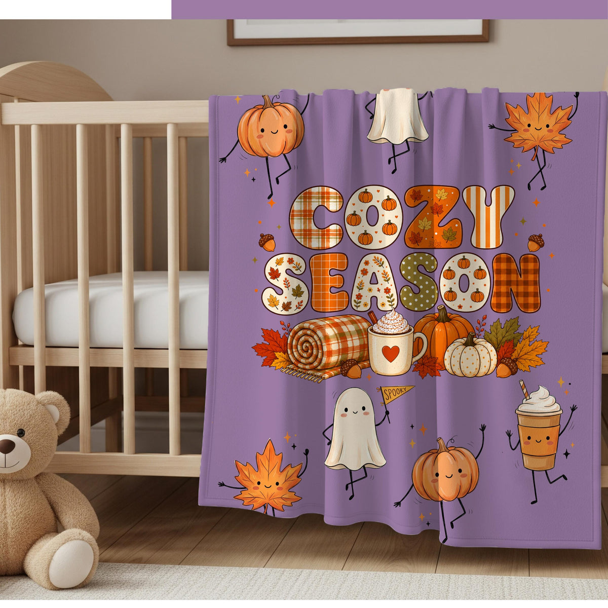 Cozy Season Velveteen Blanket, Sherpa Blanket, Cute Fall Ghost Pumpkin Throw, Autumn Leaves Coffee Blanket, Halloween Gift
