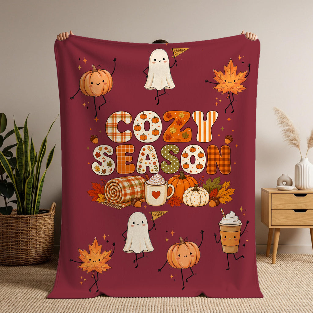 Cozy Season Velveteen Blanket, Sherpa Blanket, Cute Fall Ghost Pumpkin Throw, Autumn Leaves Coffee Blanket, Halloween Gift