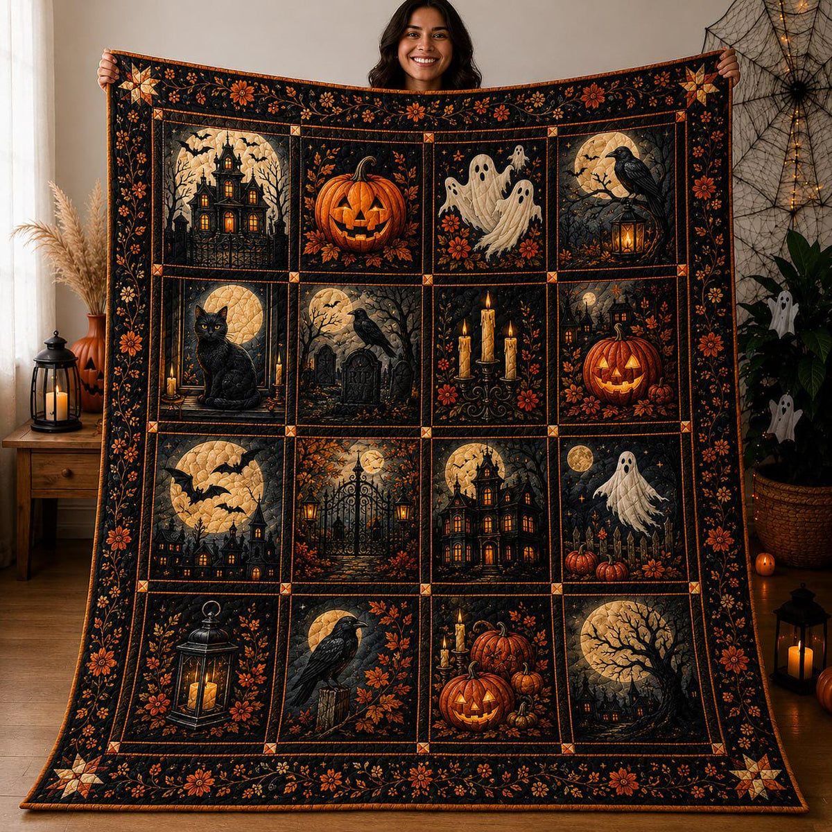 Halloween Patchwork Quilt Blanket, Haunted House Pumpkin Ghost Black Cat Throw