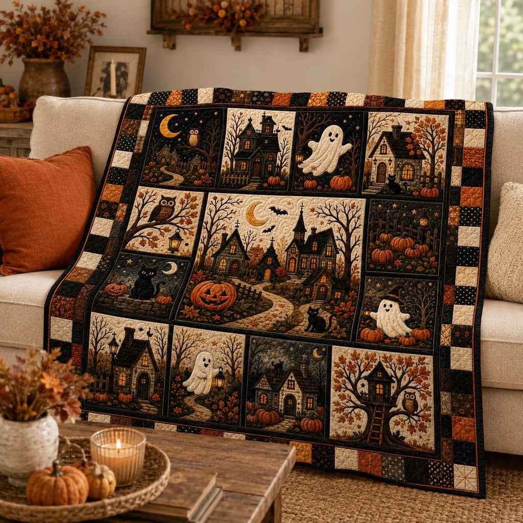 Halloween Cat Ghost Pumpkin Quilt, Cozy Patchwork Throw Blanket, Witchy Autumn Home Decor, Cute Fall Bedding Gift for Family