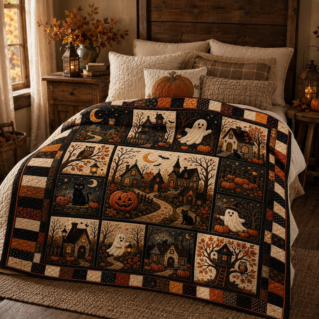 Halloween Cat Ghost Pumpkin Quilt, Cozy Patchwork Throw Blanket, Witchy Autumn Home Decor, Cute Fall Bedding Gift for Family