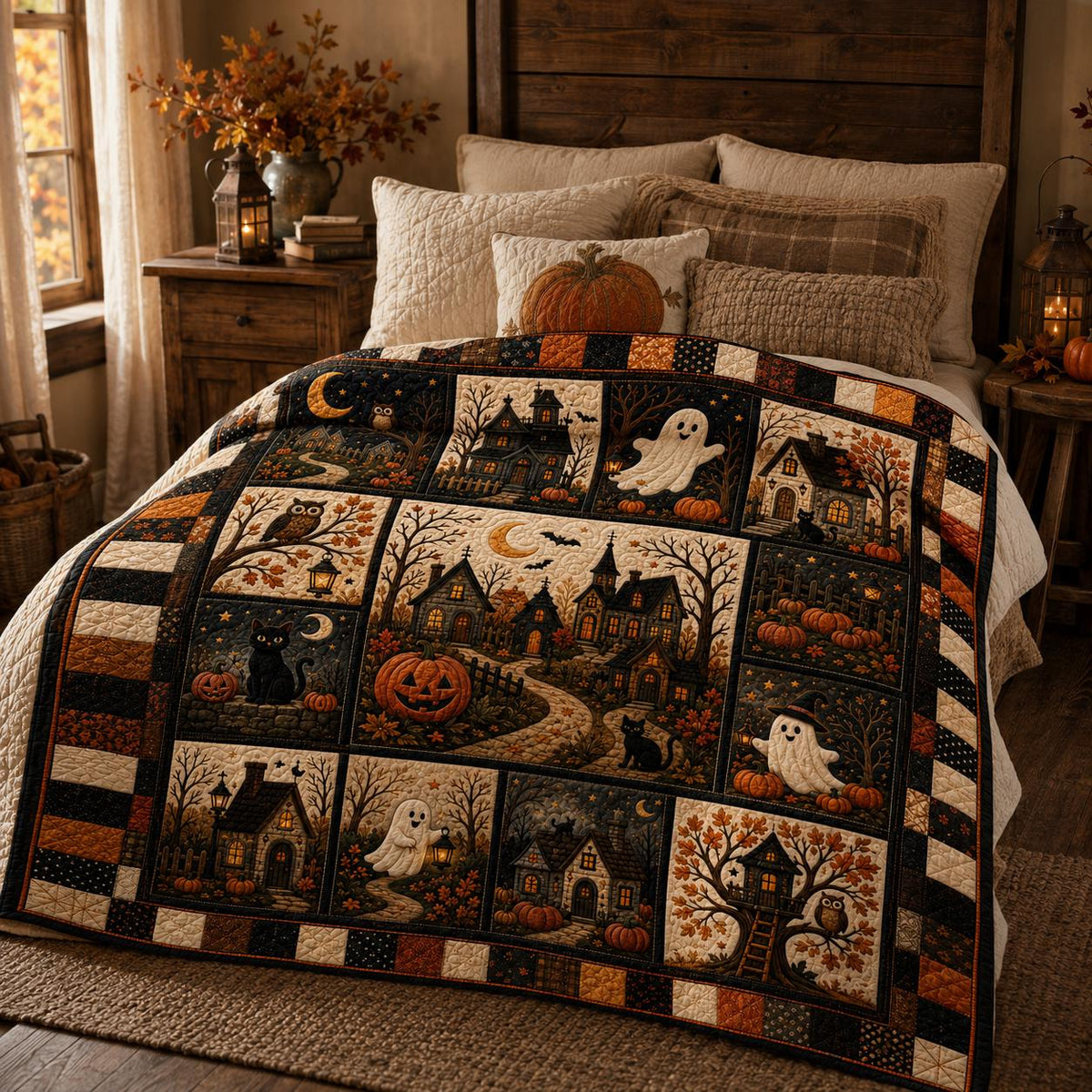 Halloween Cat Ghost Pumpkin Quilt, Cozy Patchwork Throw Blanket, Witchy Autumn Home Decor, Cute Fall Bedding Gift for Family