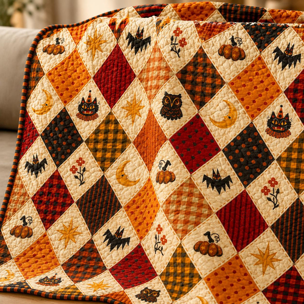 Autumn Halloween Quilt Blanket, Cute Black Cat Ghost Pumpkin Patchwork Throw, Witch Cottage Fall Decor, Cozy Sofa Bed Cover Gift