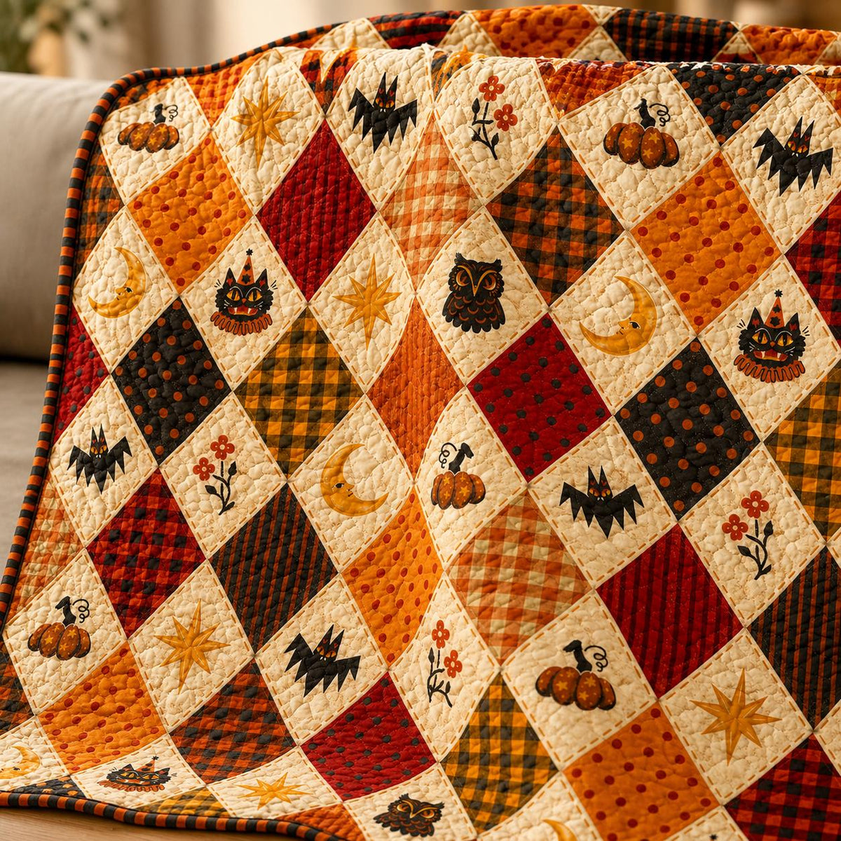 Autumn Halloween Quilt Blanket, Cute Black Cat Ghost Pumpkin Patchwork Throw, Witch Cottage Fall Decor, Cozy Sofa Bed Cover Gift