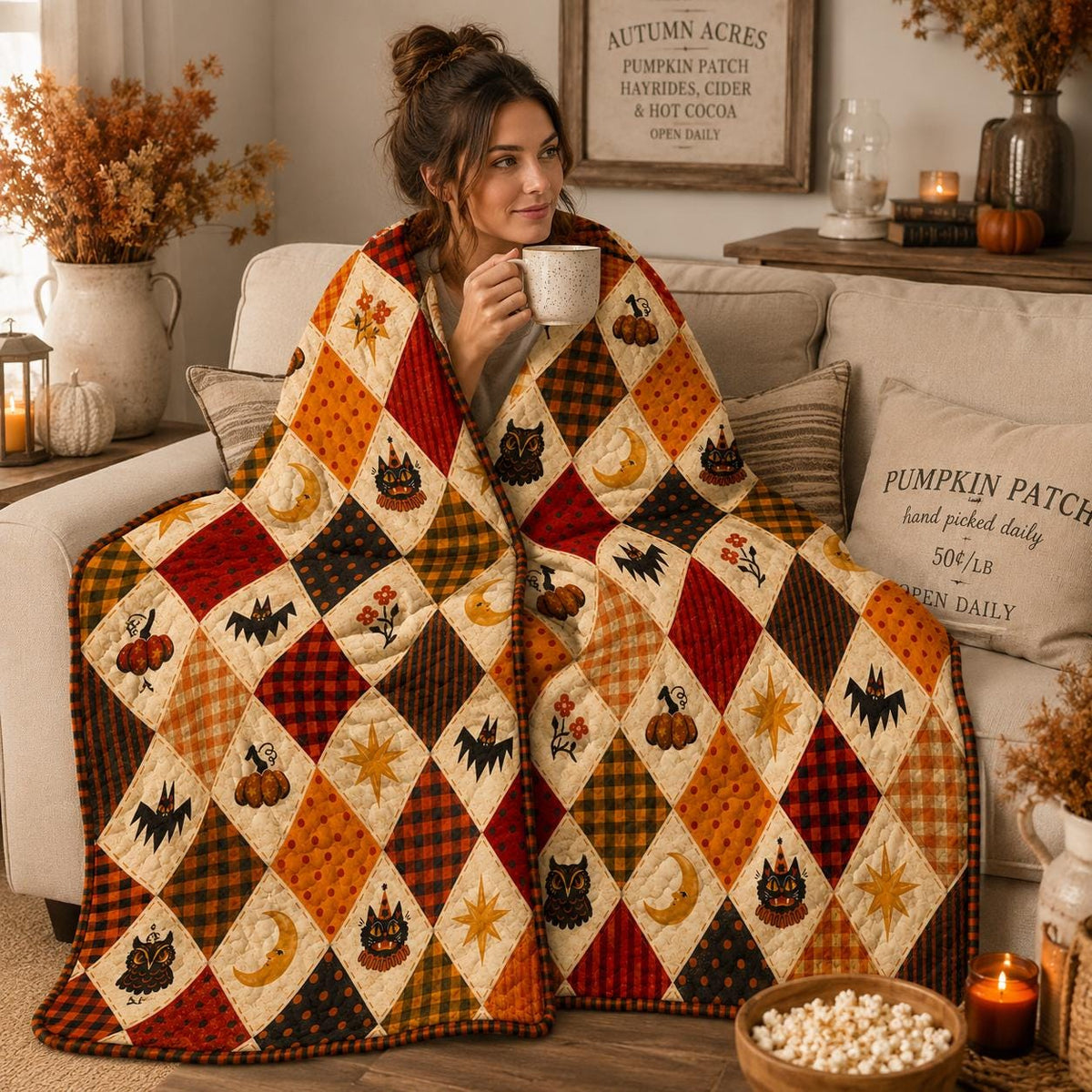 Autumn Halloween Quilt Blanket, Cute Black Cat Ghost Pumpkin Patchwork Throw, Witch Cottage Fall Decor, Cozy Sofa Bed Cover Gift