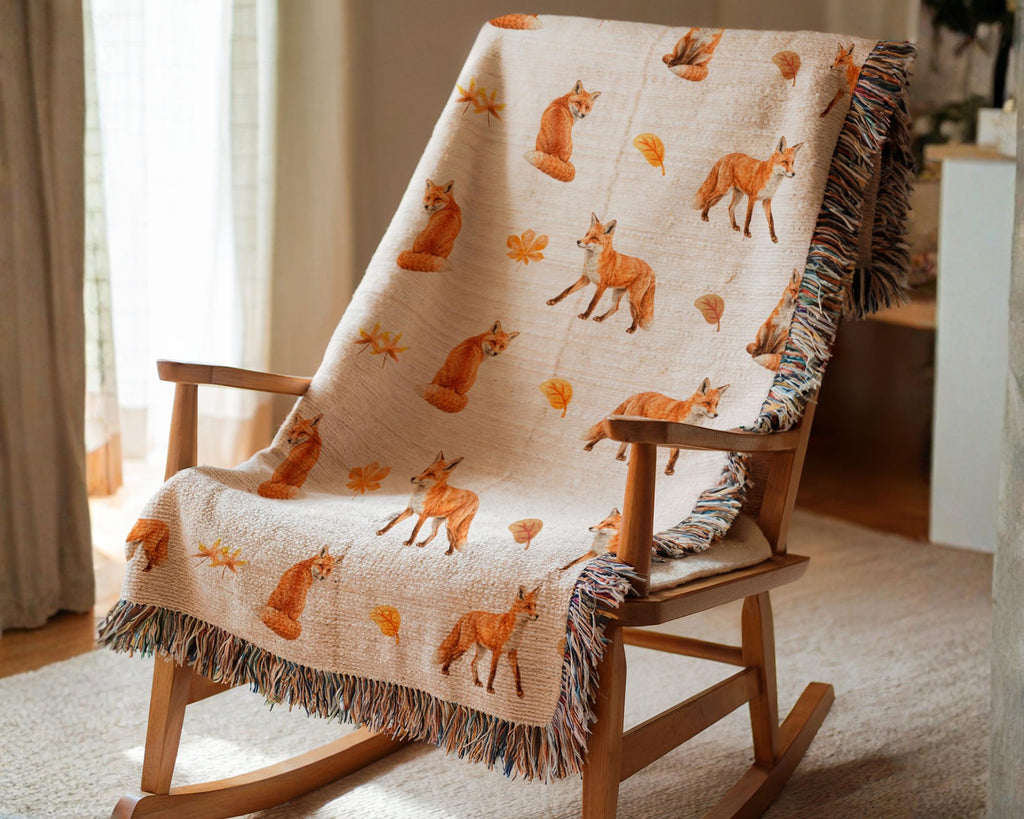 Watercolor Fox Woven Blanket, Woodland Rustic Cabin Throw, Autumn Forest Animal Decor, Woodland creature blanket