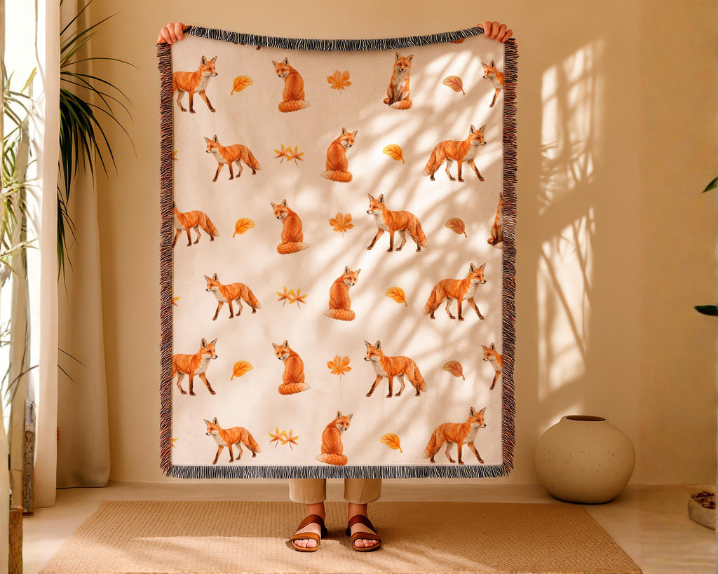 Watercolor Fox Woven Blanket, Woodland Rustic Cabin Throw, Autumn Forest Animal Decor, Woodland creature blanket