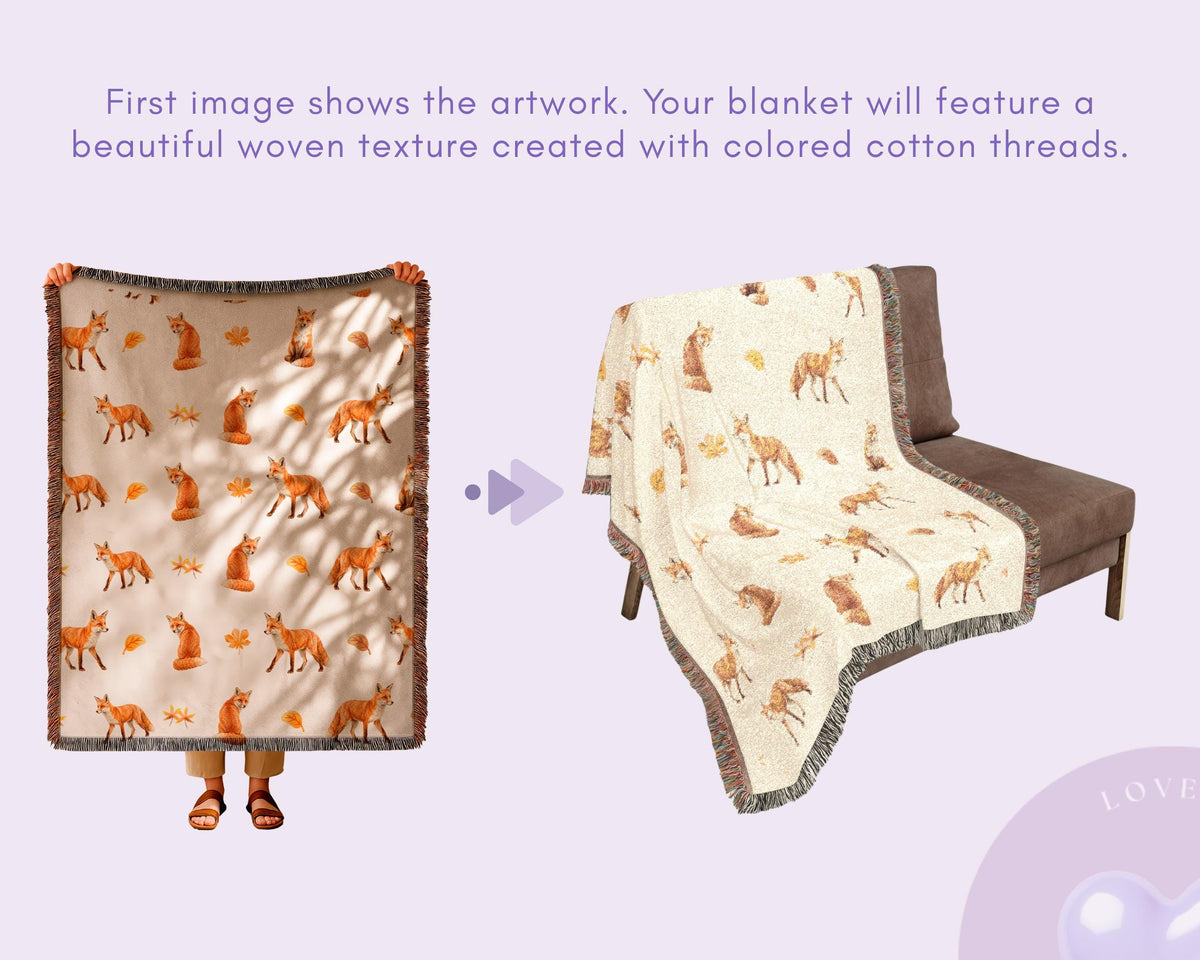 Watercolor Fox Woven Blanket, Woodland Rustic Cabin Throw, Autumn Forest Animal Decor, Woodland creature blanket