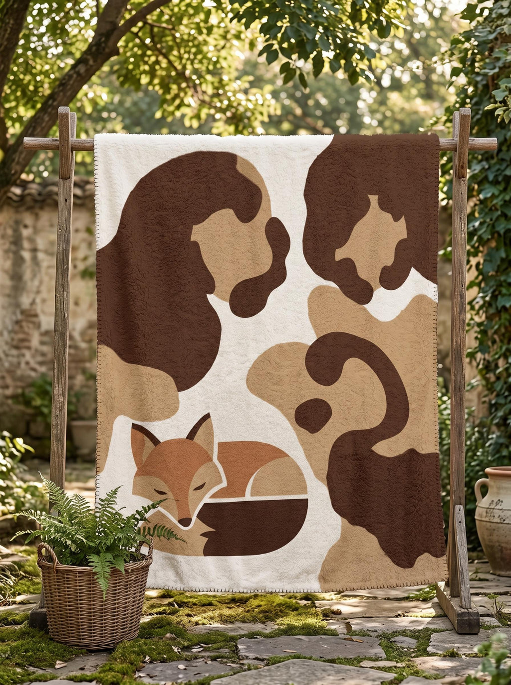 Sleeping Fox Blanket, Modern Woodland Nursery Decor, Earthy Tone Throw Blanket, Cute Animal Gift for Her, Cozy Cottagecore Cabin Bedding
