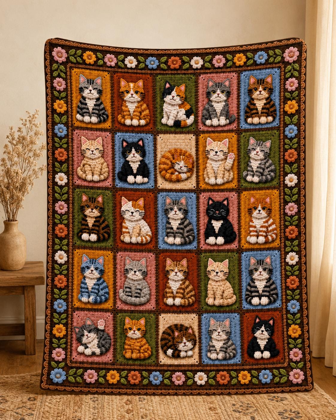 Printed Cat Patchwork Plush Throw Blanket — Crochet-Inspired Design