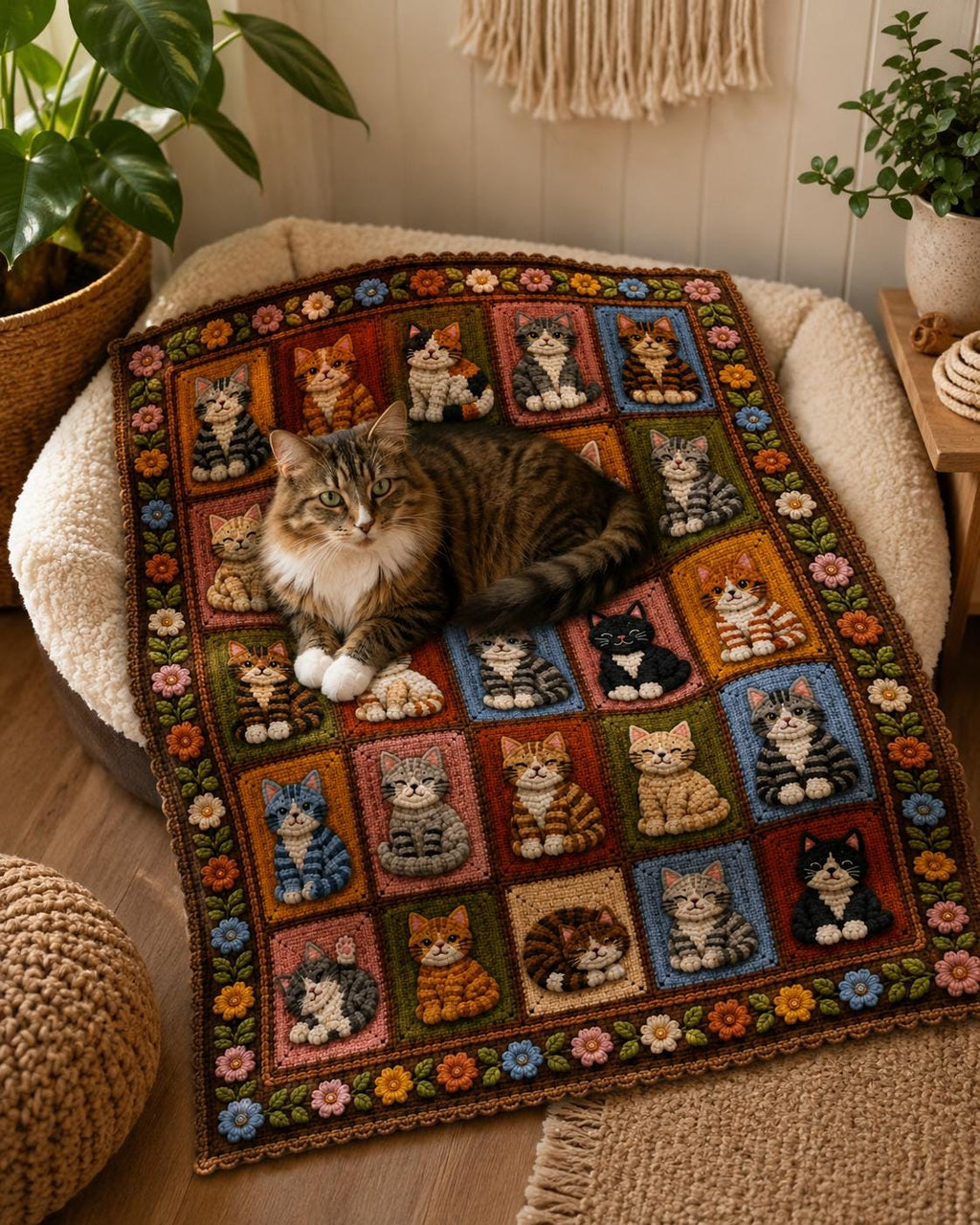 Printed Cat Patchwork Plush Throw Blanket — Crochet-Inspired Design