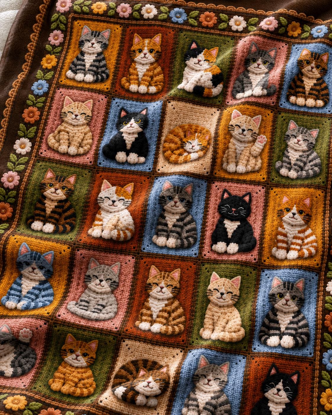 Printed Cat Patchwork Plush Throw Blanket — Crochet-Inspired Design