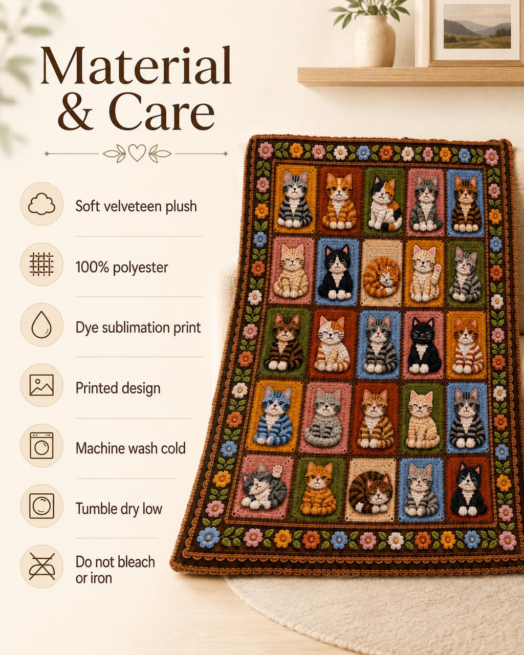 Printed Cat Patchwork Plush Throw Blanket — Crochet-Inspired Design