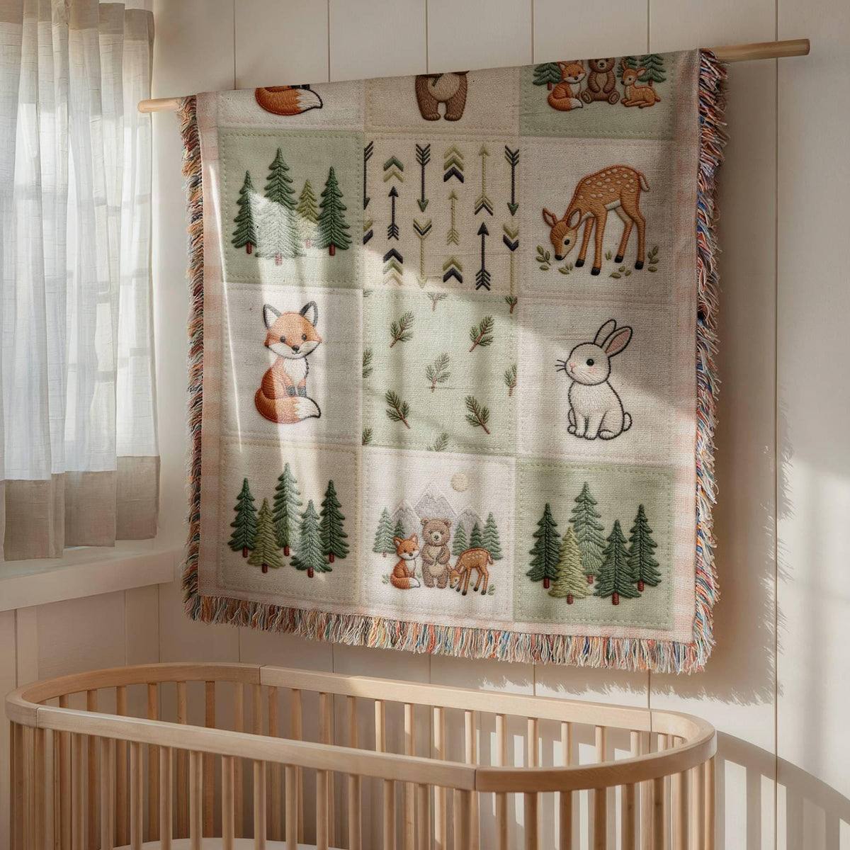 Woodland Animals Baby Blanket Woven Throw | Fox Bear Deer Bunny Nursery | Gender Neutral Baby Shower Gift | Cottagecore Fringe Blanket